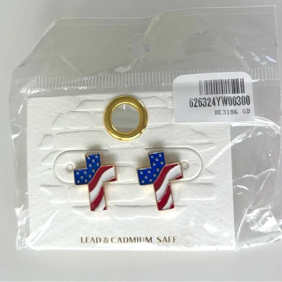 NWT American Flag Cross Shaped Post Earrings w Gold Trim - Picture 1 of 2